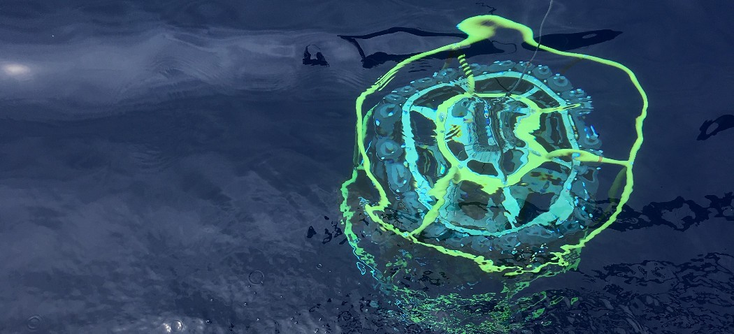 A CTD (conductivity, depth and temperature) rosette is lowered into the North Atlantic Ocean on a research cruise. CTD
